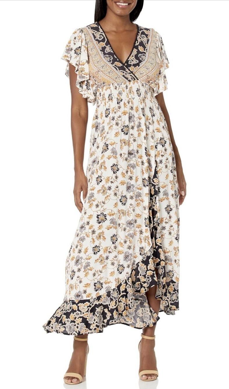 Angie Women’s Medium Boho Floral Maxi Dress Ivory Yellow Black Rayon Flutter Sl